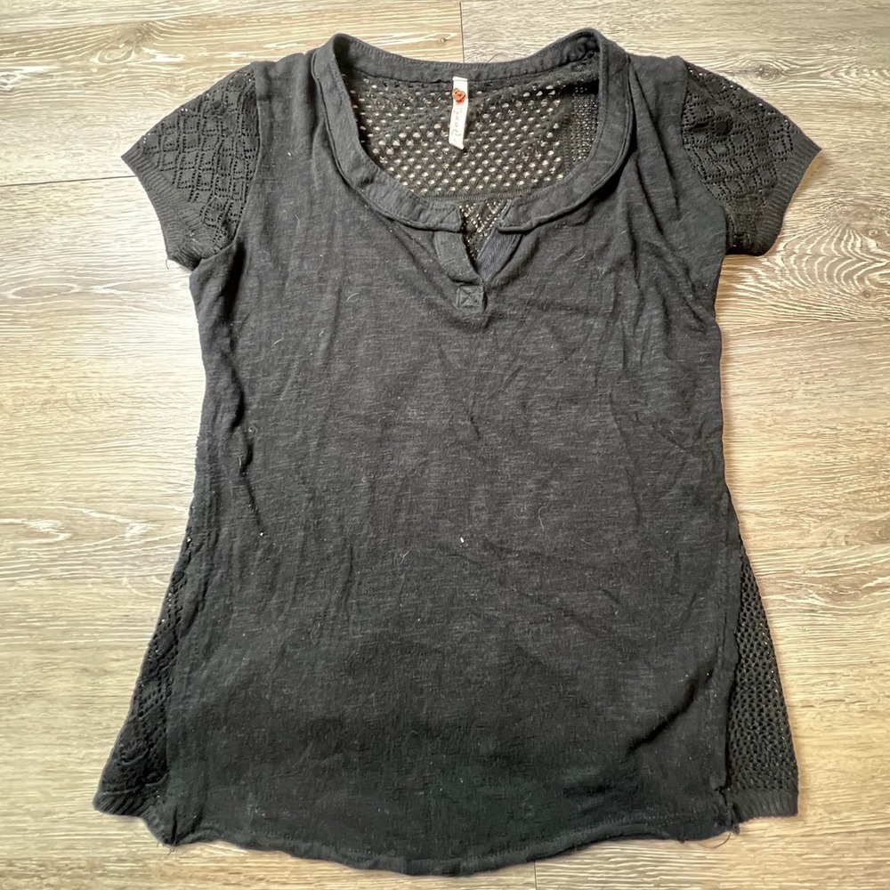 Poof! Crochet Patchwork Back Top Womens Large Black Short Sleeve Cotton Boho